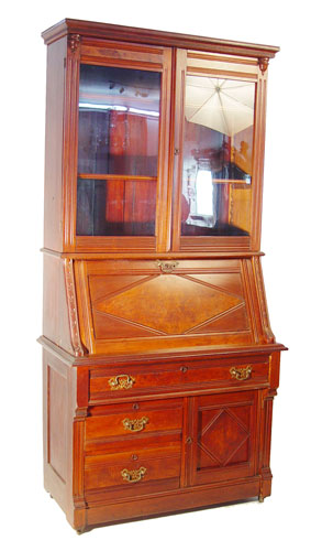 VICTORIAN WALNUT SECRETARY BOOKCASE Bookcase over slant front desk Full