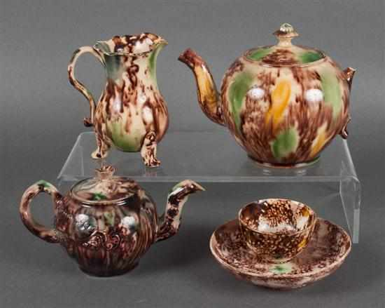 Five Staffordshire Whieldon Ware tortoiseshell glazed ceramic tea items late