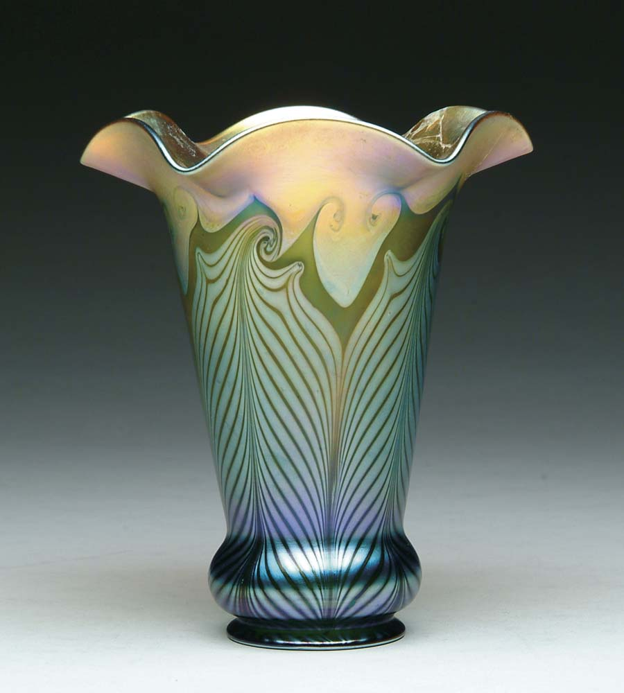 QUEZAL ART GLASS SHADE Iridescent green and gold hooked feather