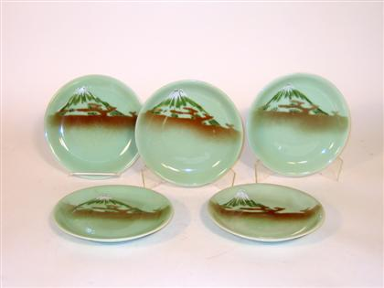 Five Japanese celadon glazed nabeshima style plates six character marks