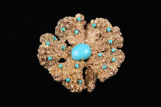14K YELLOW GOLD AND TURQUOISE FLOWERHEAD DESIGN PIN PENDANT Five