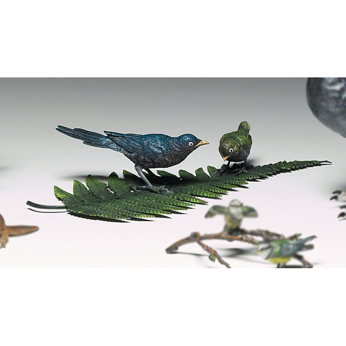 German Austrian figural birds on a leaf colorfully enameled metal