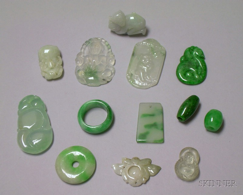 Green Jade Saddle Ring and Twelve Mostly Jade Pendants and