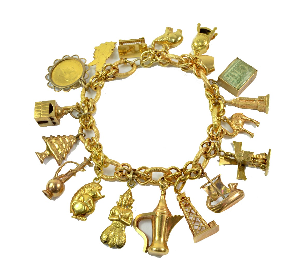 A gold charm bracelet with textured oval links detailed 18K