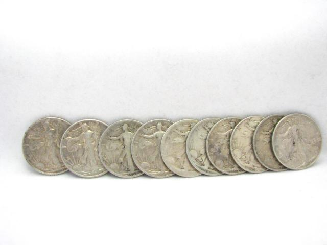 Lot of 10 Walking Liberty silver half dollars all circulated