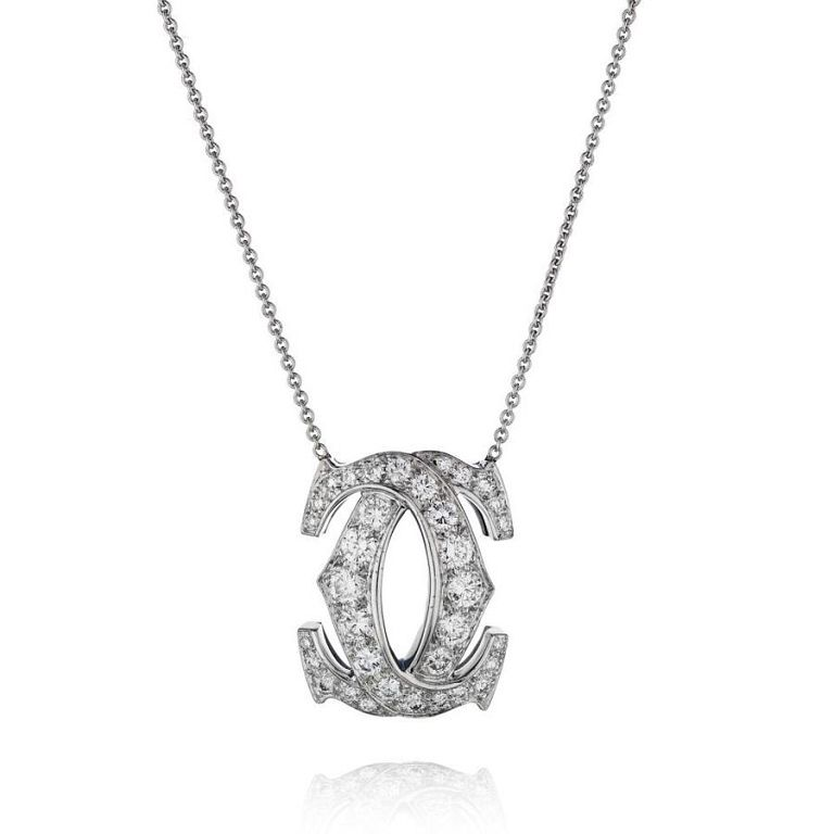 CARTIER DOUBLE C 18K WHITE GOLD DIAMOND PENDANT Double C