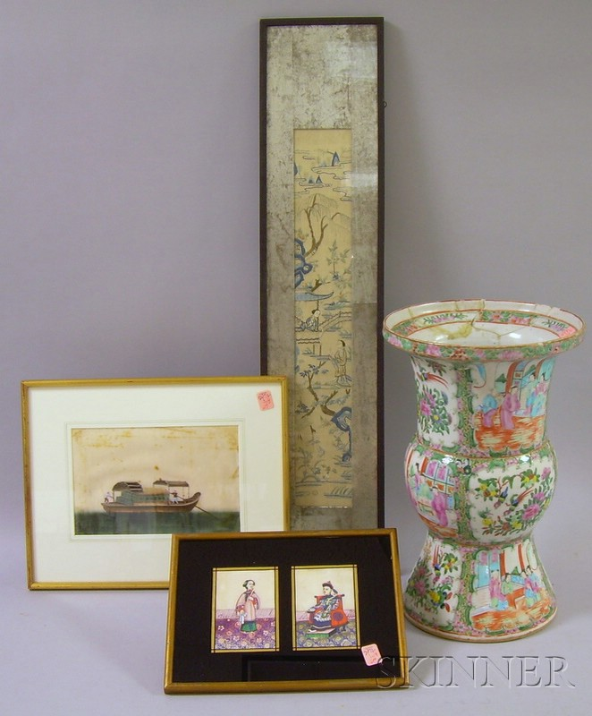 Three Framed Chinese Works and a Chinese Export Porcelain Rose