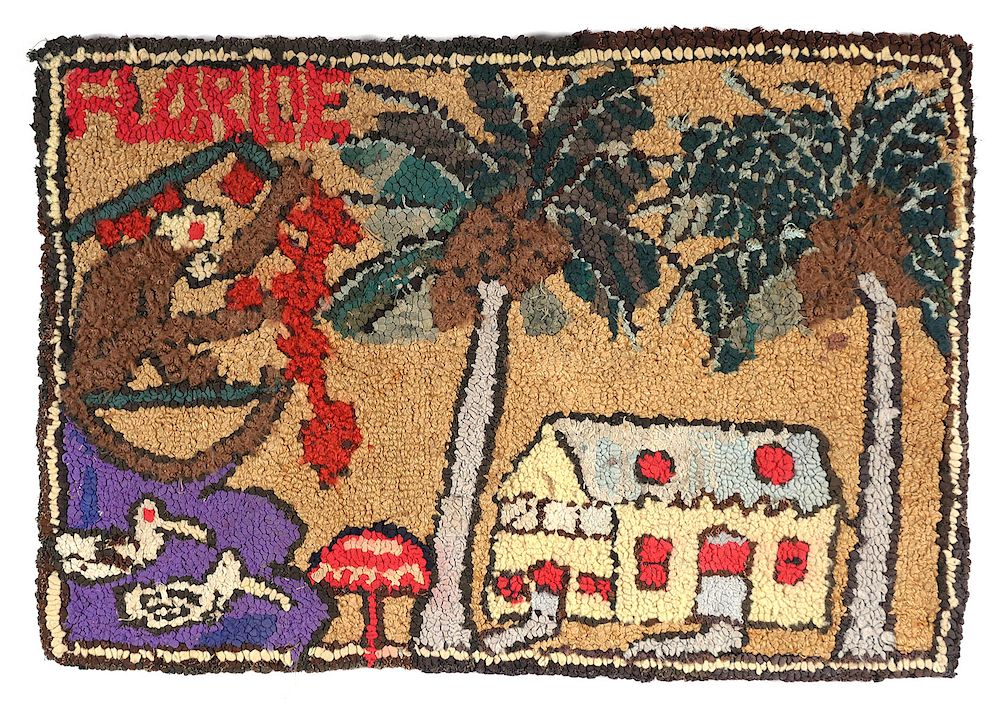 Early 20c Florida Hand Hooked Rug Antique hand hooked yarn