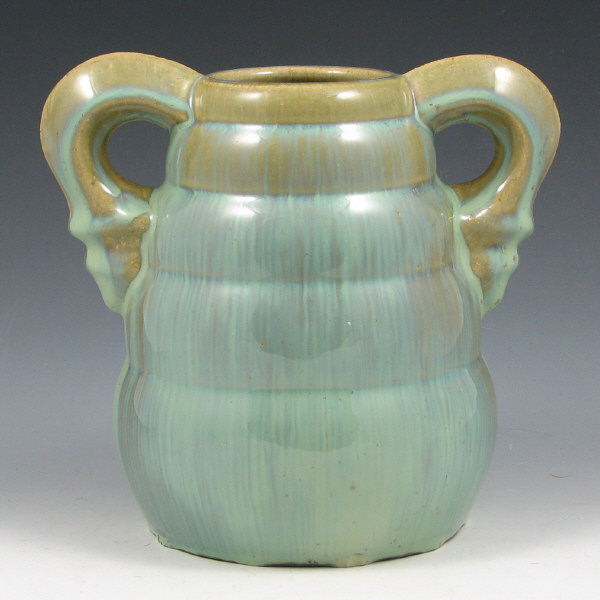 Fulper handled vase with horizontal bands finished in high gloss