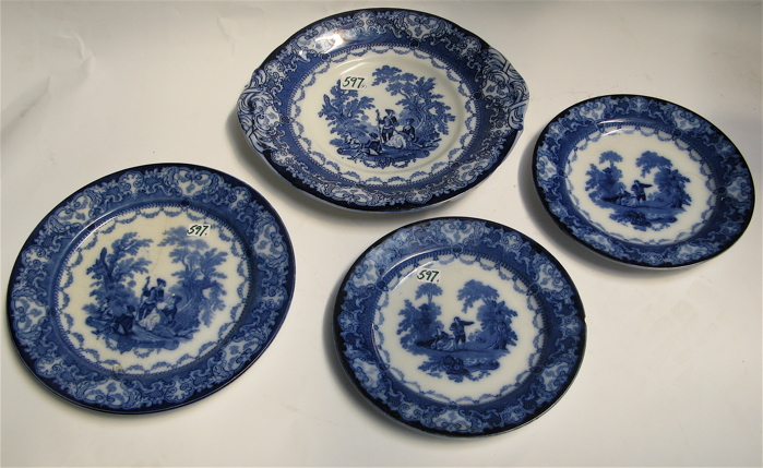 FOUR ENGLISH DOULTON TRANSFERWARE TABLE ITEMS blue and white in