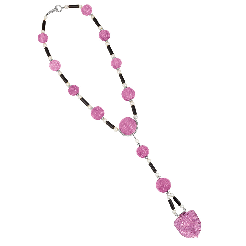 8 Art Deco Platinum Carved Pink Tourmaline Black Onyx Pearl