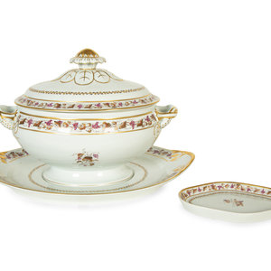 A Mottahedeh Porcelain Tureen Underplate and Spoon Rest Height of