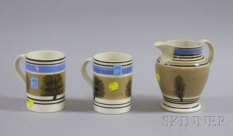 Pair of English Seaweed Decorated Banded Mochaware Mugs and a