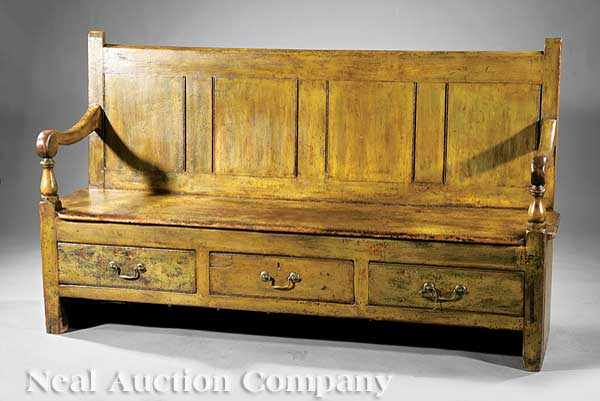 A George III Painted Pine Settle early 19th c paneled