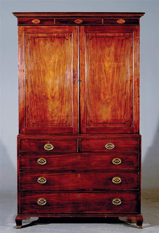 George III inlaid mahogany linen press circa 1810 molded top