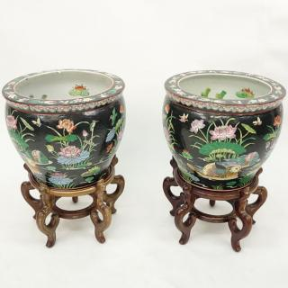 Pair of Vintage Chinese Porcelain Famille Noire Jardiniers Fish Bowls