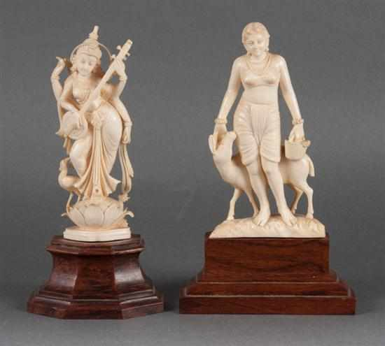 Indian carved ivory deity figure and Indian ivory maiden with
