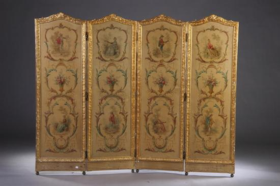 LOUIS XVI STYLE GILTWOOD FOUR PANEL FOLDING SCREEN late 19th