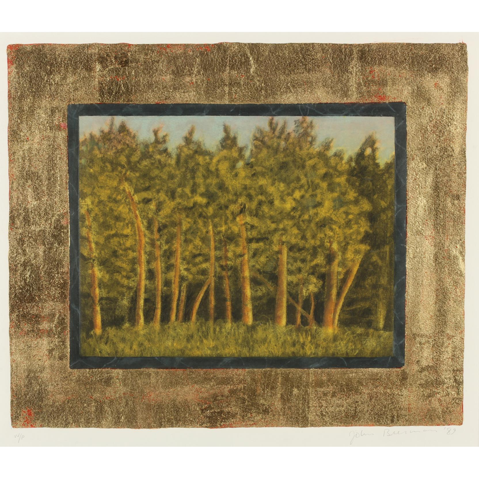 John Beerman NC Pine Trees etching and aquatint with 22KT