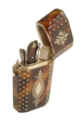 A late 18th century tortoiseshell and pique etui of tapering