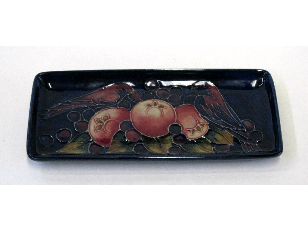 Moorcroft Finches pattern rectangular dish designed by Sally Tuffin impressed