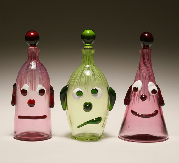 Three Fratelli Toso Murano art glass clown bottles with stoppers