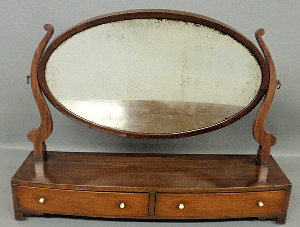 Large Georgian inlaid mahogany shaving stand with an oval mirror