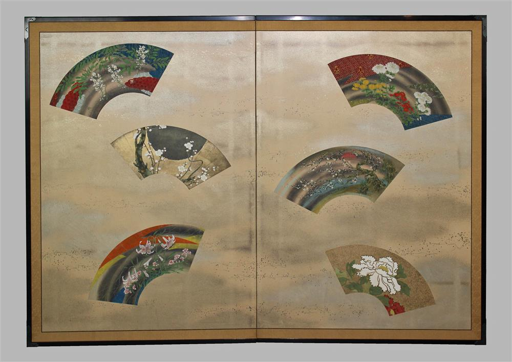 KYOTO SCHOOL TWO PANEL SCREEN MEIJI PERIOD CA 1900 six