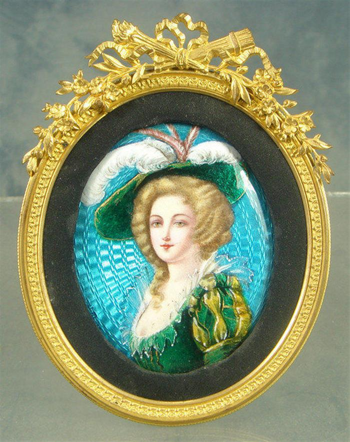 Unsigned French enameled portrait lady in feathered green hat in