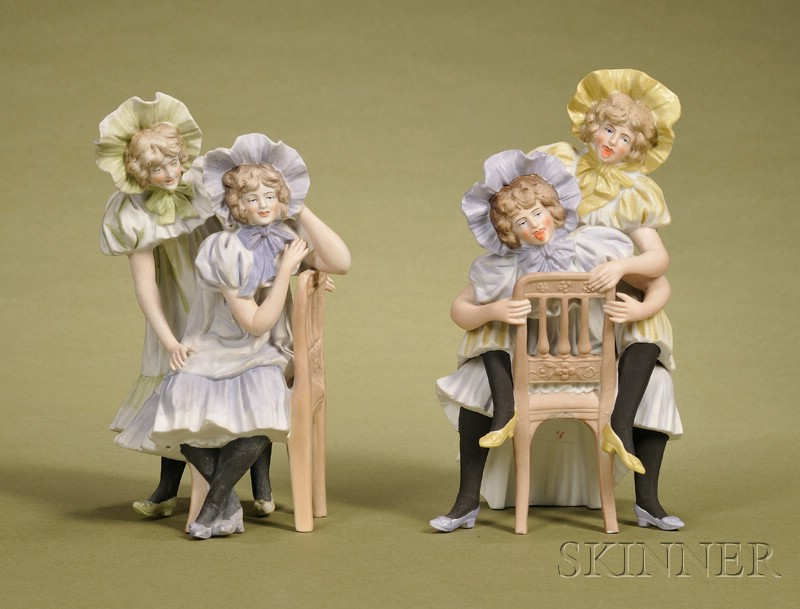 Two German Painted Bisque Porcelain Naughty and Nice Figural Groups