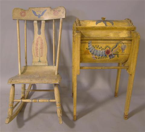 AMERICAN STENCILED ROCKING CHAIR WITH HAND PAINTED BUTTER CHURN the