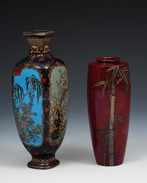 A Japanese cloisonne square baluster vaseMeiji periodwith panels of blossom