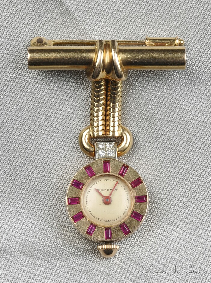 Retro 18kt Rose Gold Gem set Lapel Watch Bucherer the