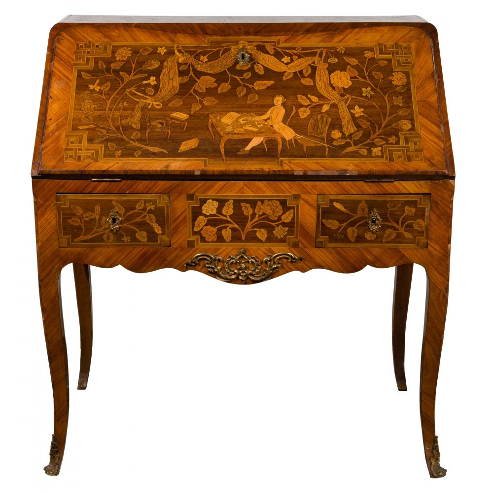 ENGLISH REGENCY STYLE MARQUETRY DROP FRONT DESKFigured mahogany veneers throughout