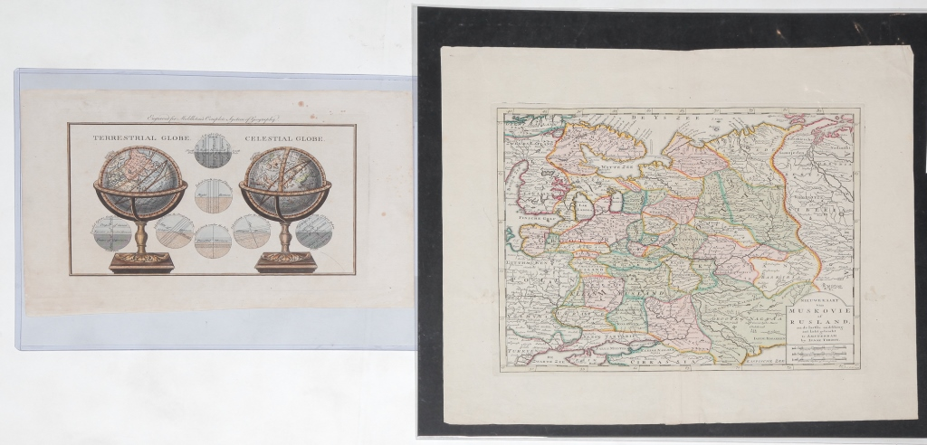 EUROPEAN MAP AND GLOBE PRINT Eighteenth century hand colored engraving