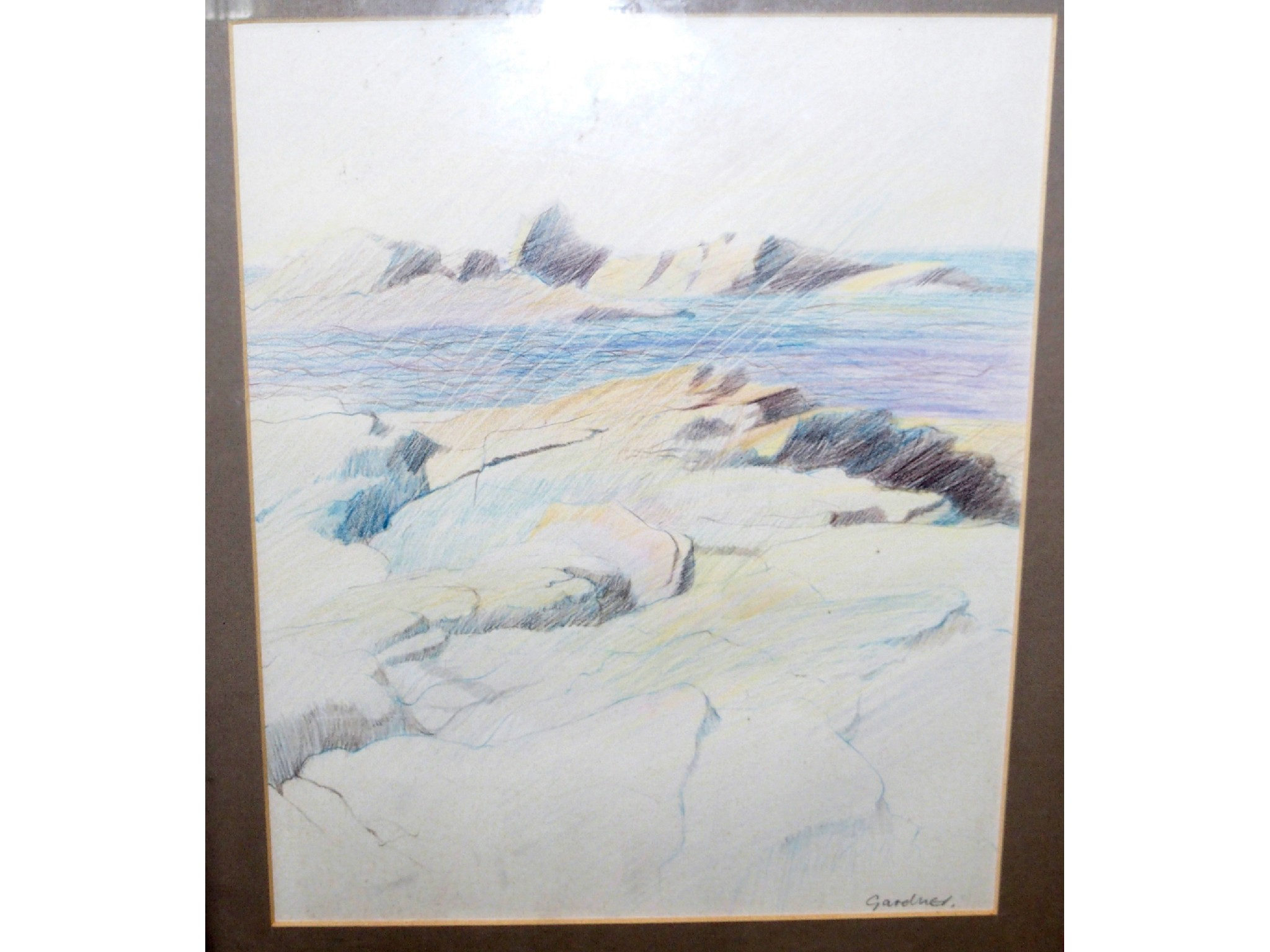 ALEXANDRA GARDNER Coastal view signed coloured crayon attributed to Alexandra