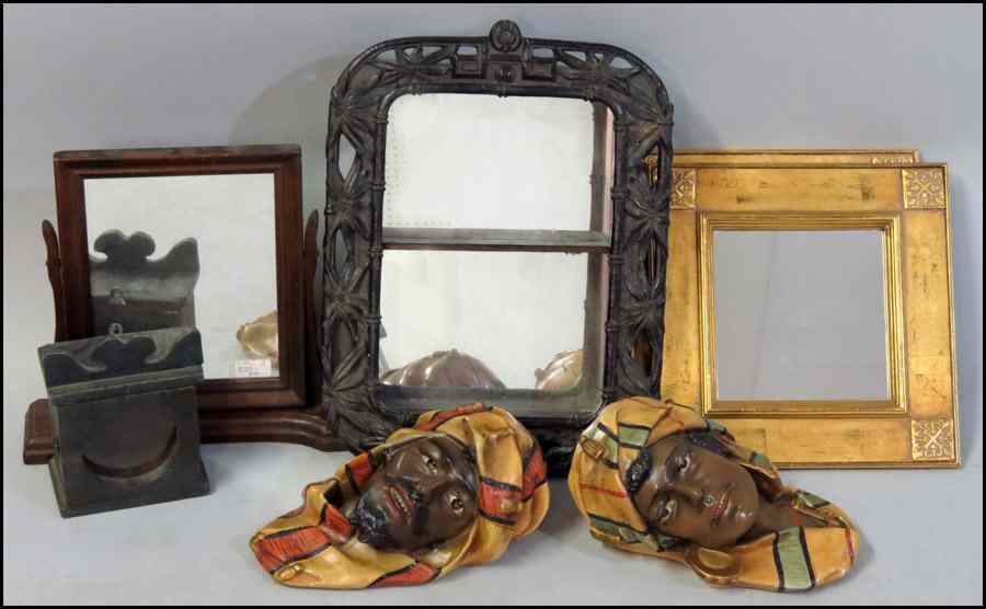 CARVED WOOD BOX FRAMED MIRROR Together with a pair of