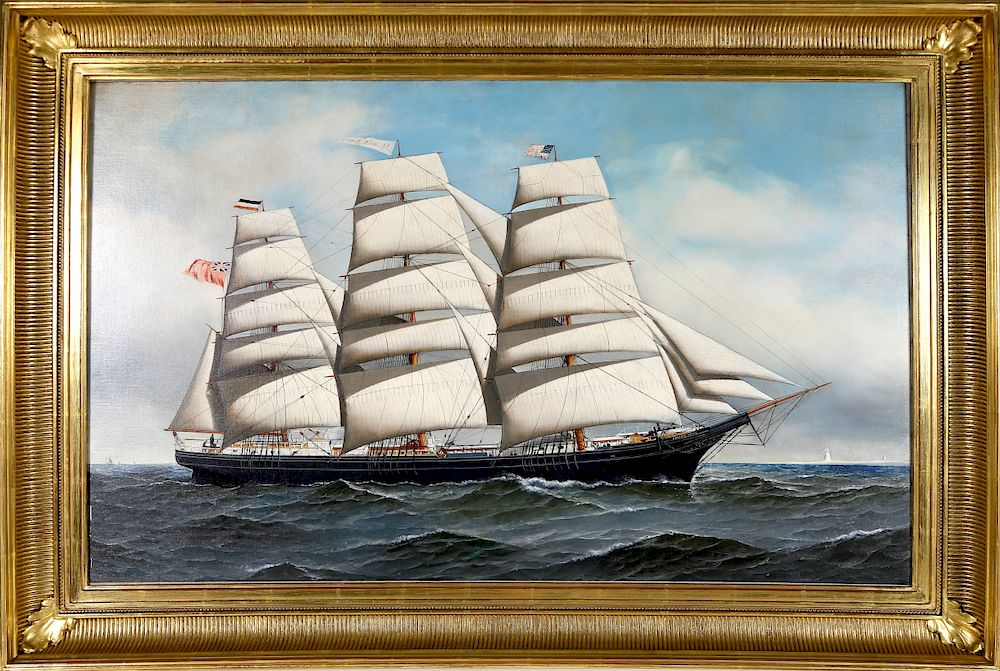 Antonio Jacobsen Oil On Canvas Portrait Of The Three Masted