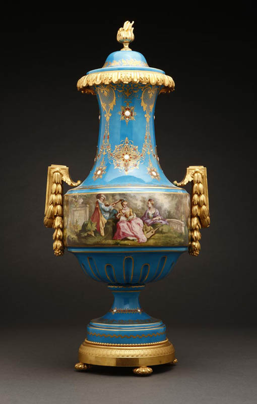 A Sevres style mounted jeweled lidded vase A Sevres style