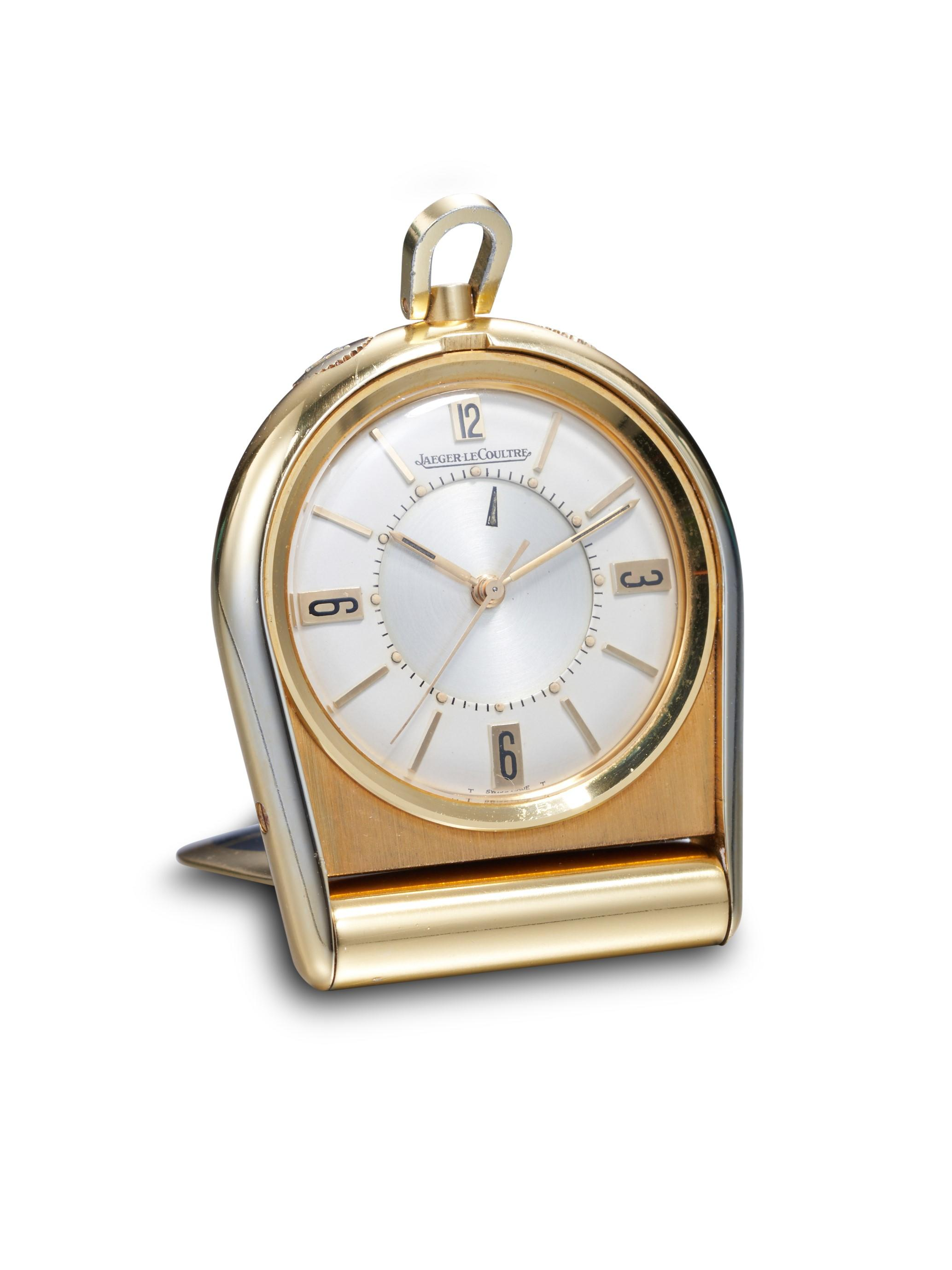 JAEGER LECOULTRE MEMOVOX A GOLD PLATED TRAVEL ALARM CLOCK CIRCA