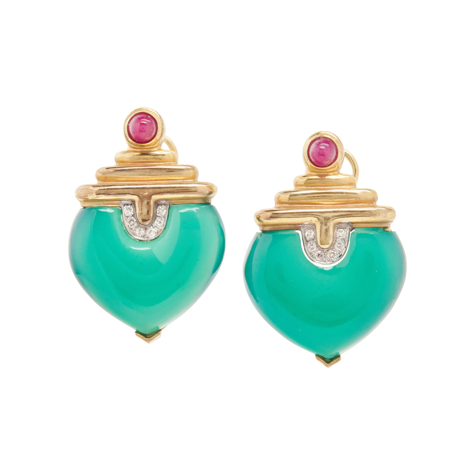 YELLOW GOLD DYED GREEN CHALCEDONY RUBY AND DIAMOND EARRINGS Dyed