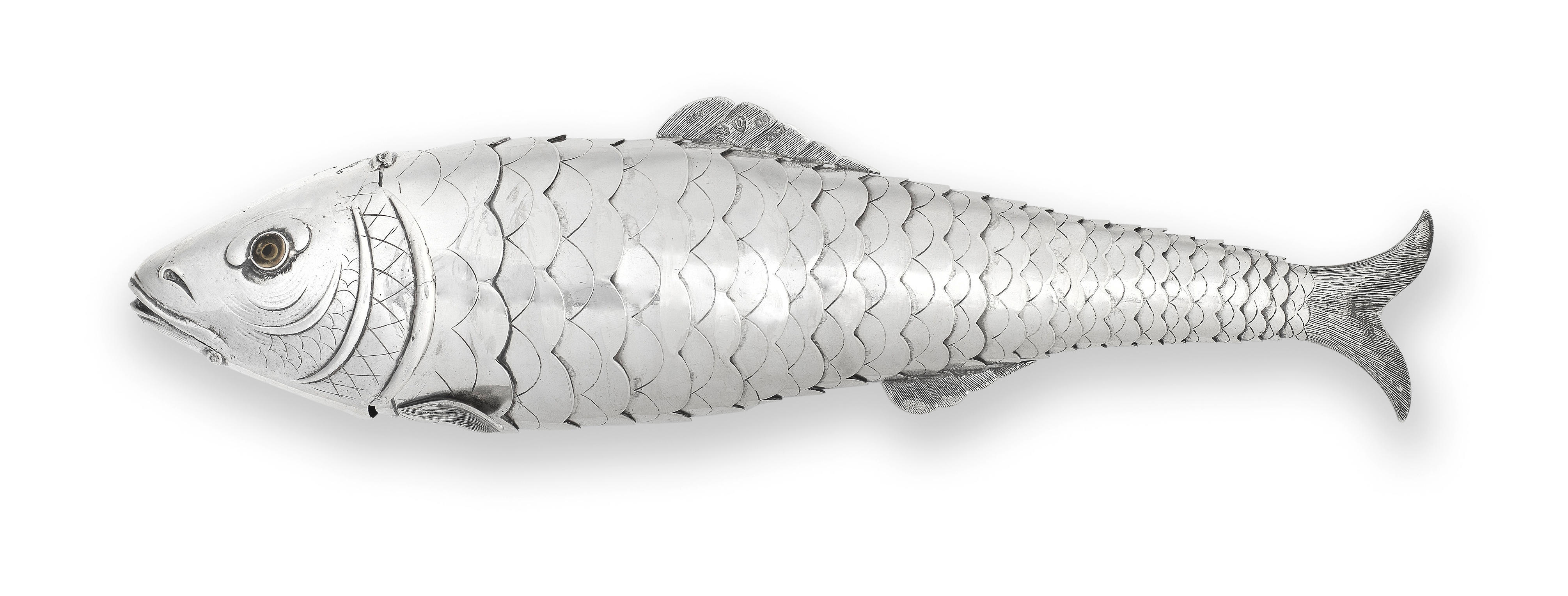A GOOD LARGE SILVER ARTICULATED SILVER FISH Neresheimer Hanau importers