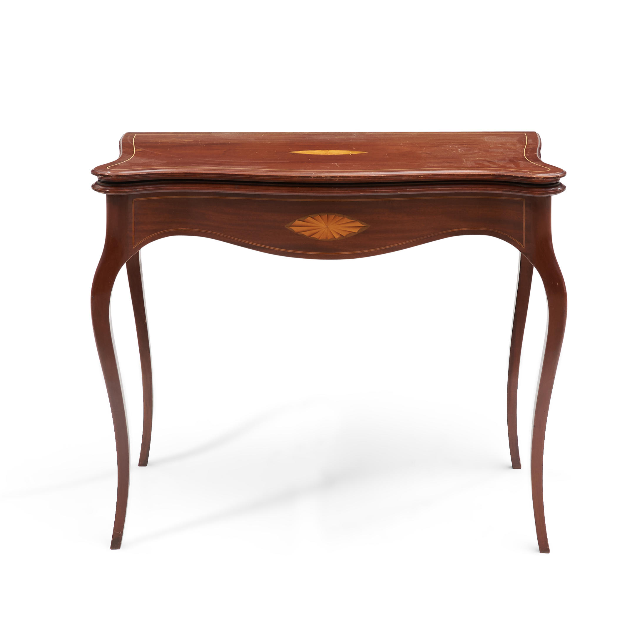 LOUIS XVI STYLE MAHOGANY INLAID GAMES TABLE with serpentine top