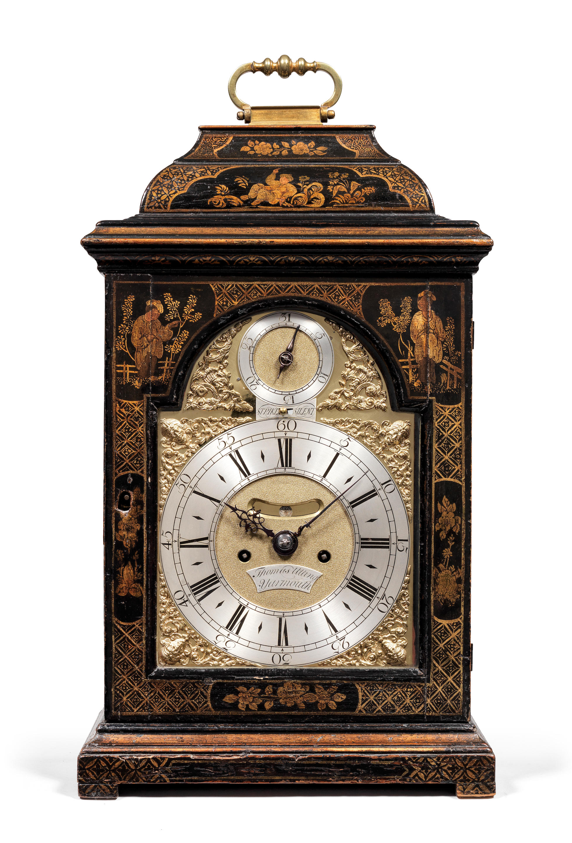 A FINE MID 18TH CENTURY CHINOISERIE JAPANNED CASED TABLE CLOCK