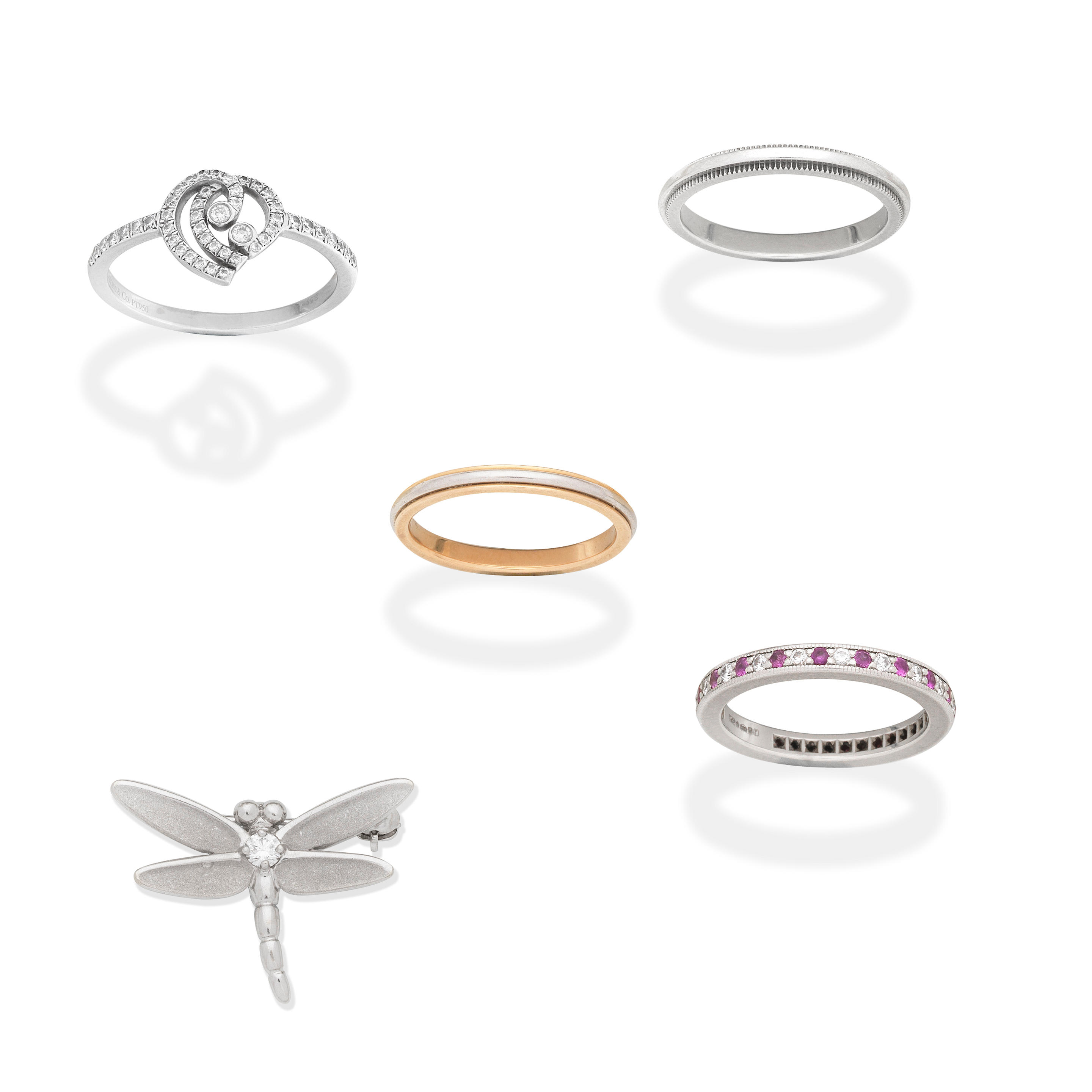 TIFFANY FOUR RINGS AND BROOCH 1st The platinum band with