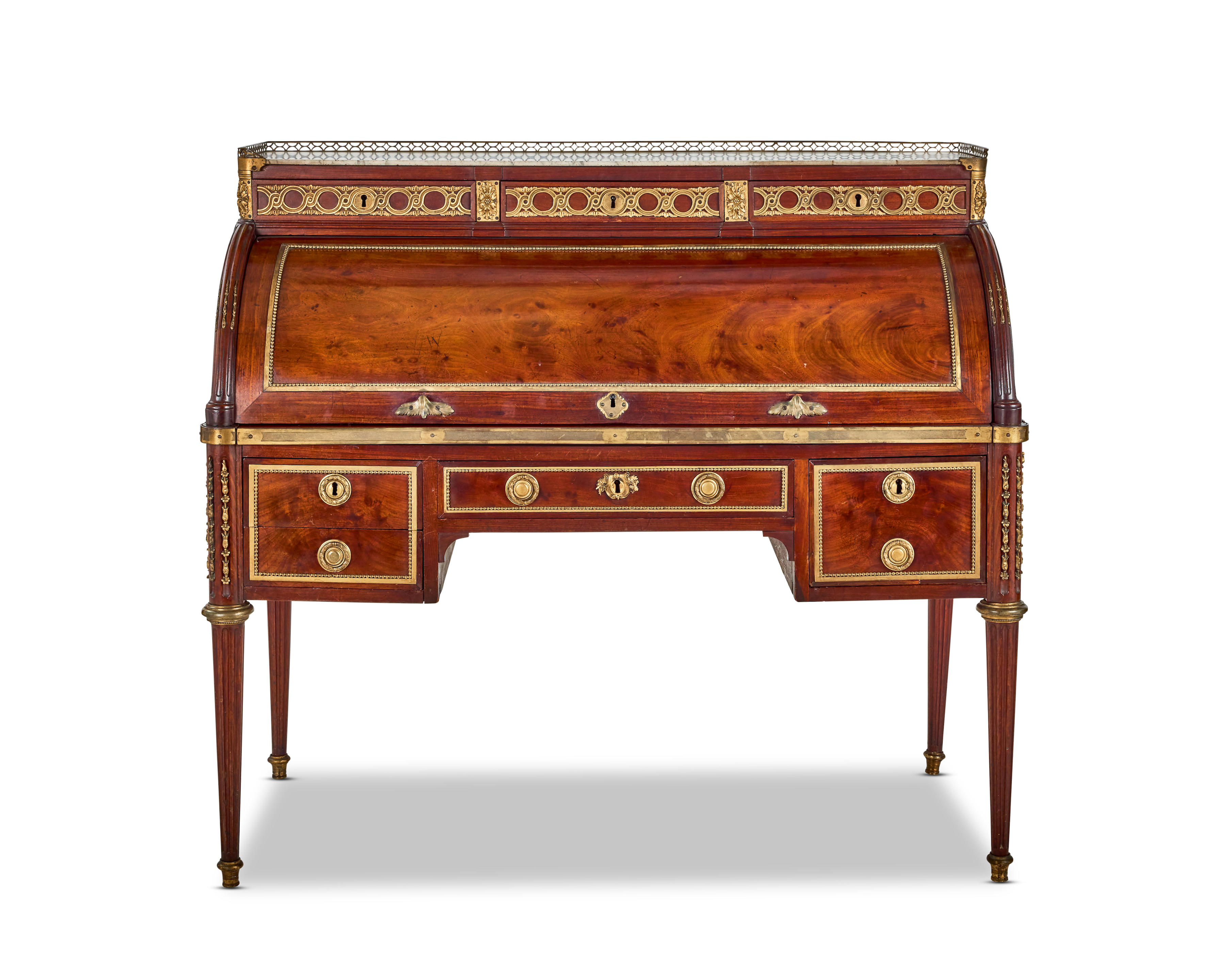 A LOUIS XVI ORMOLU MOUNTED ACAJOU MOUCHETE PLUM PUDDING MAHOGANY