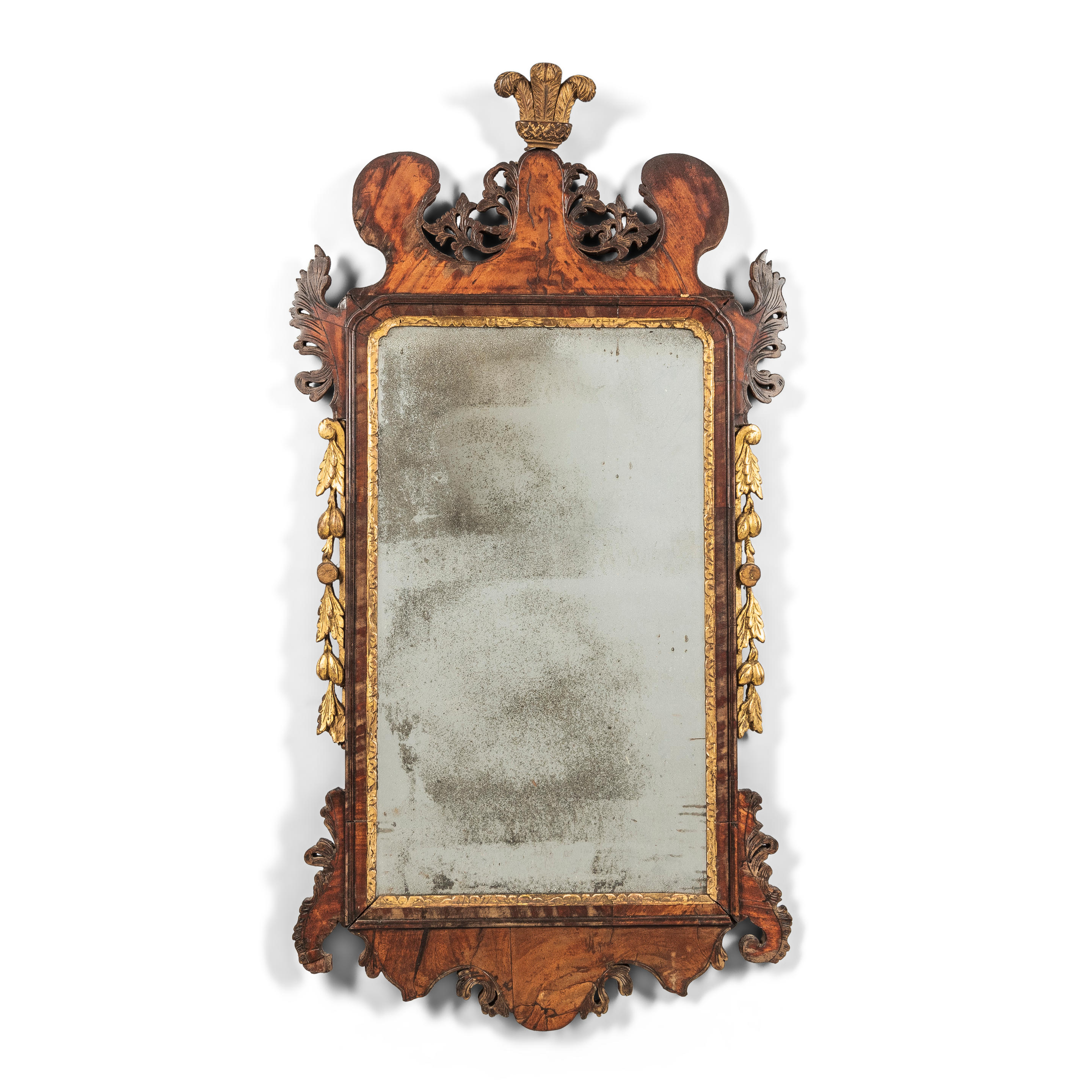 CHIPPENDALE WALNUT VENEER PARCEL GILT SCROLL FRAME MIRROR England early