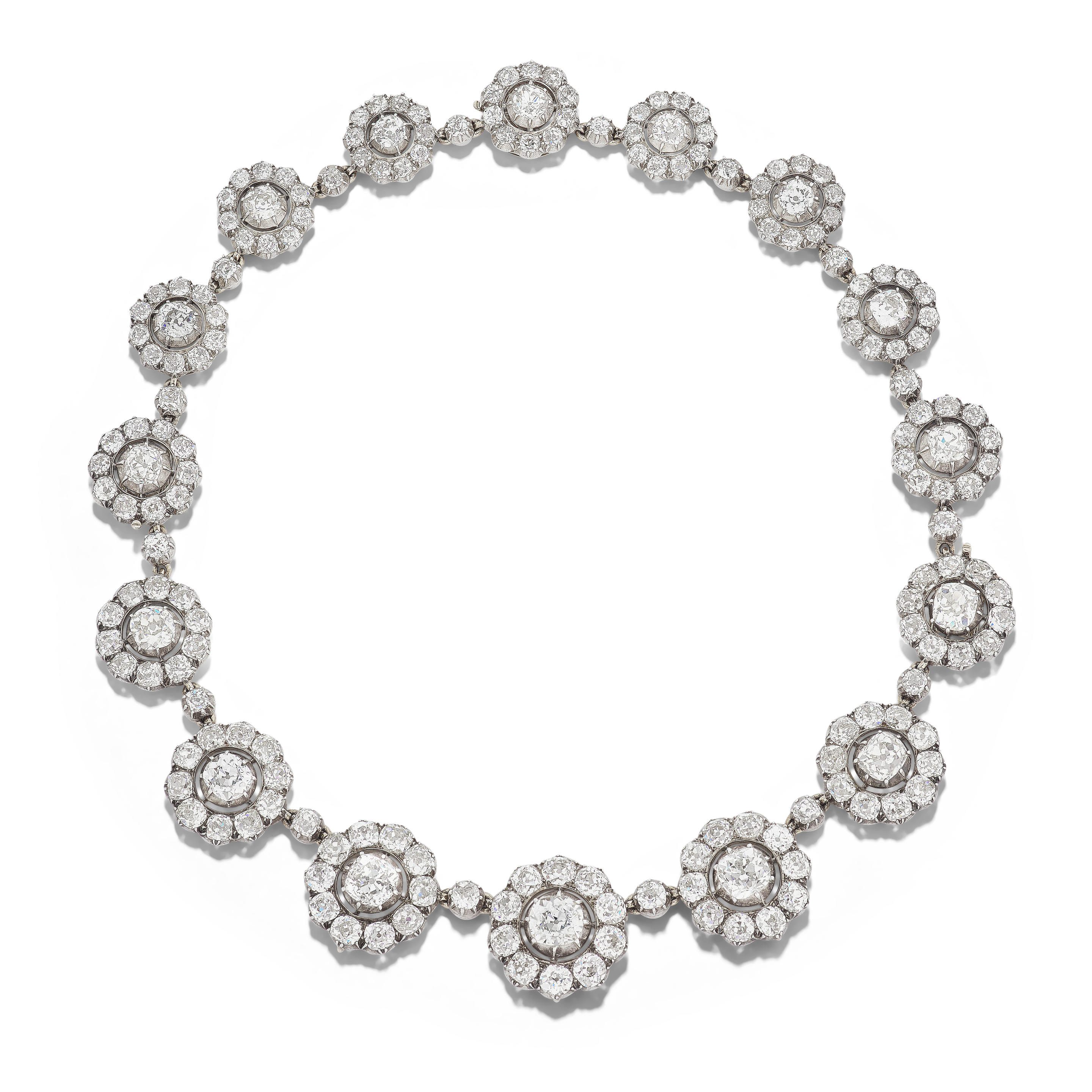 DIAMOND CLUSTER NECKLACE LATE 19TH CENTURY Composed of sixteen clusters