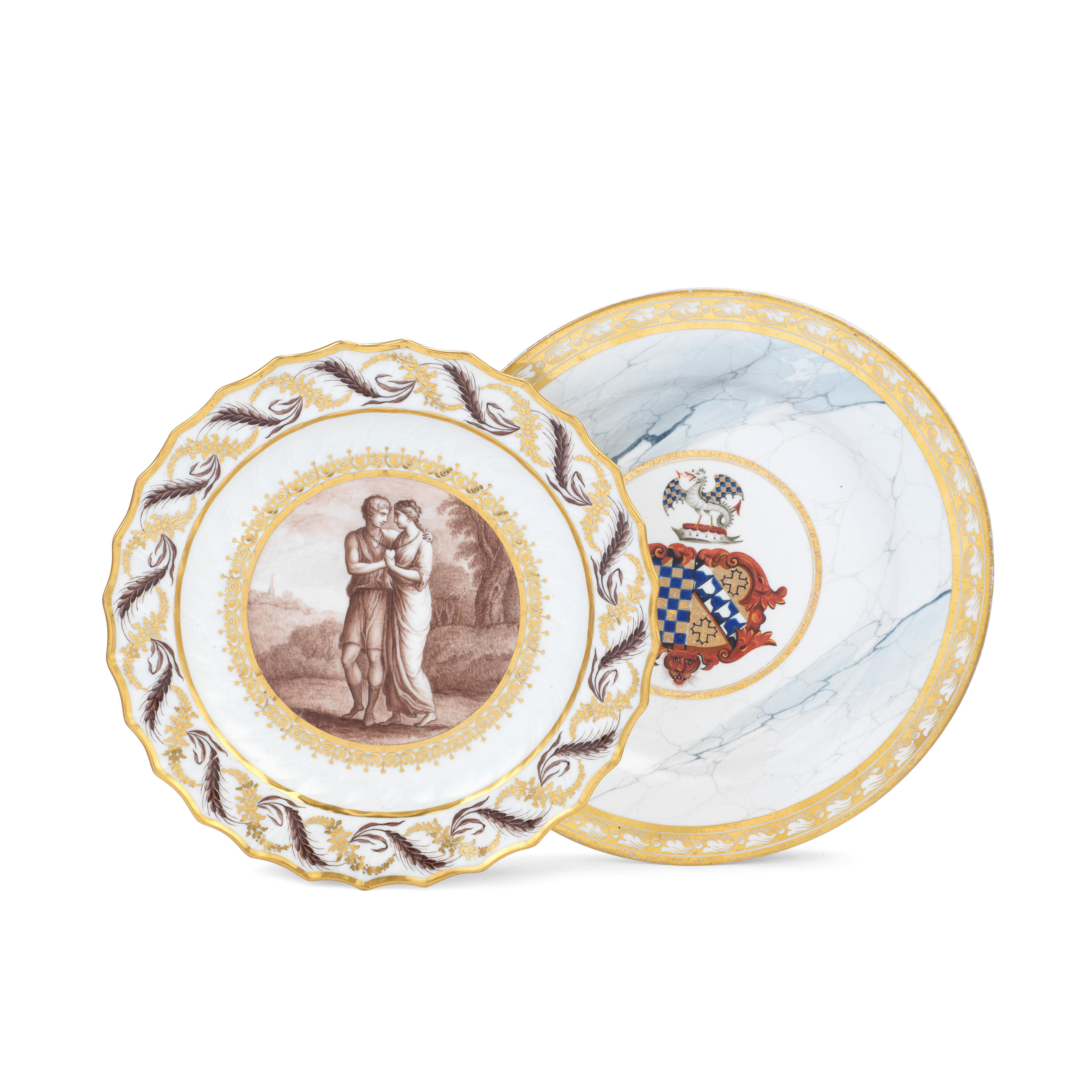 TWO FLIGHT WORCESTER PLATES CIRCA 1795 1810 One a spirally