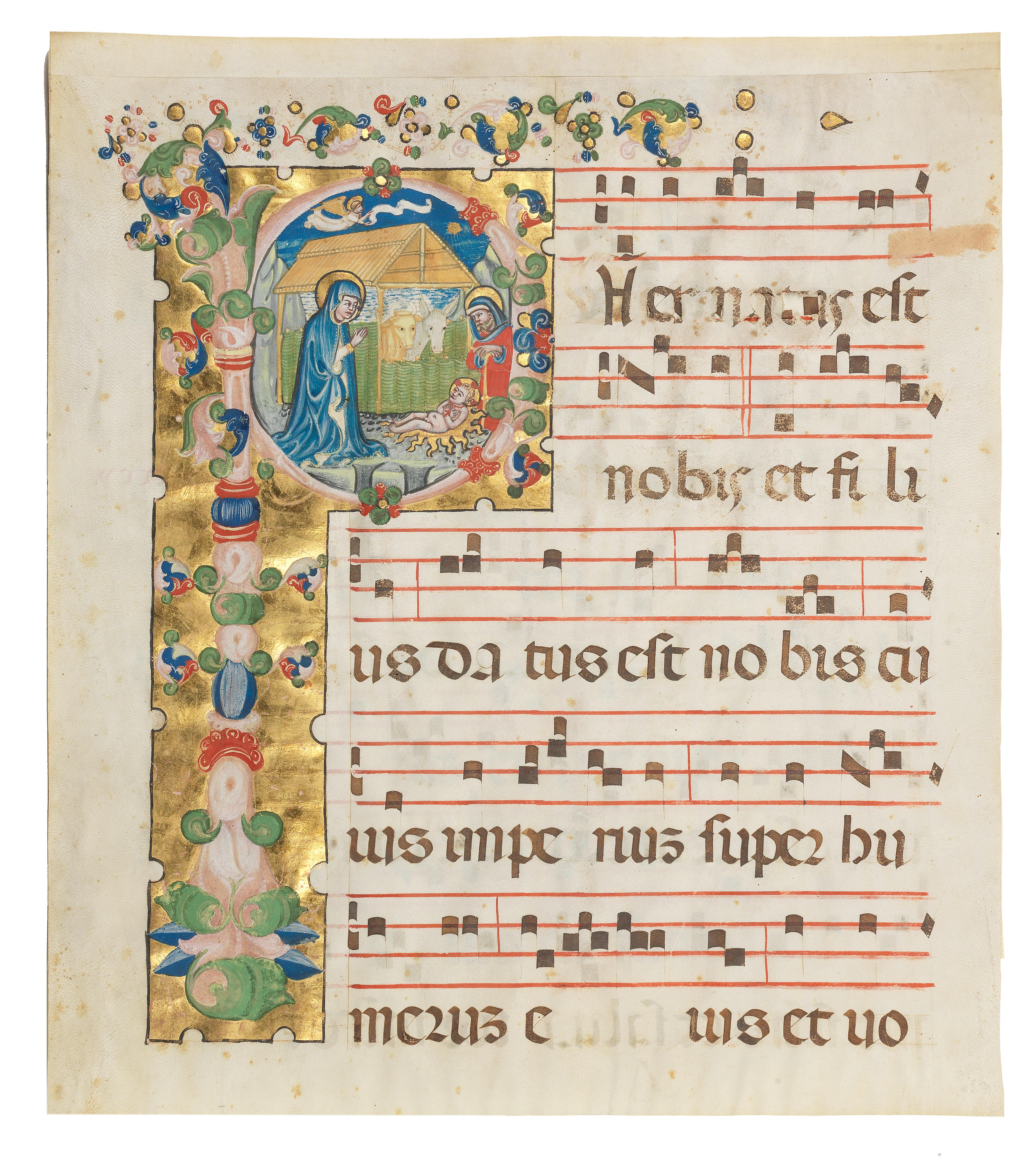 ILLUMINATED MANUSCRIPT LEAF The Nativity from an illuminated Gradual single